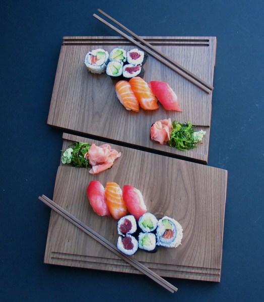 Sushi love Boards With Sushi  Dcut set of 2 with cut out for garnish and inlay sticks Walnut 10in W x 22in D (1)