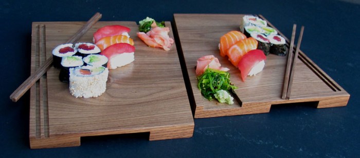 Sushi love Boards With Sushi  Dcut set of 2 with cut out for garnish and inlay sticks Walnut 10in W x 22in D (2)