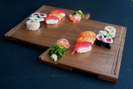 Sushi love Boards With Sushi  Dcut set of 2 with cut out for garnish and inlay sticks Walnut 10in W x 22in D (3)