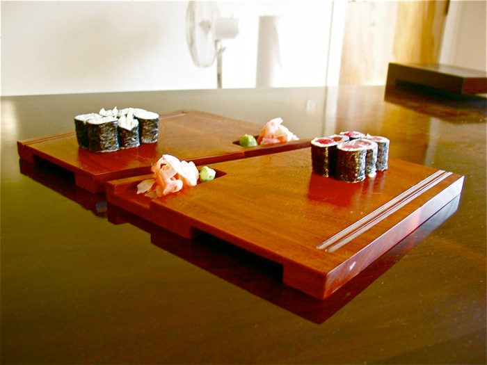 Sushi love Boards With Sushi set of 2 with cut out for garnish and inlay sticks Mahogany 10in W x 22in D (1)