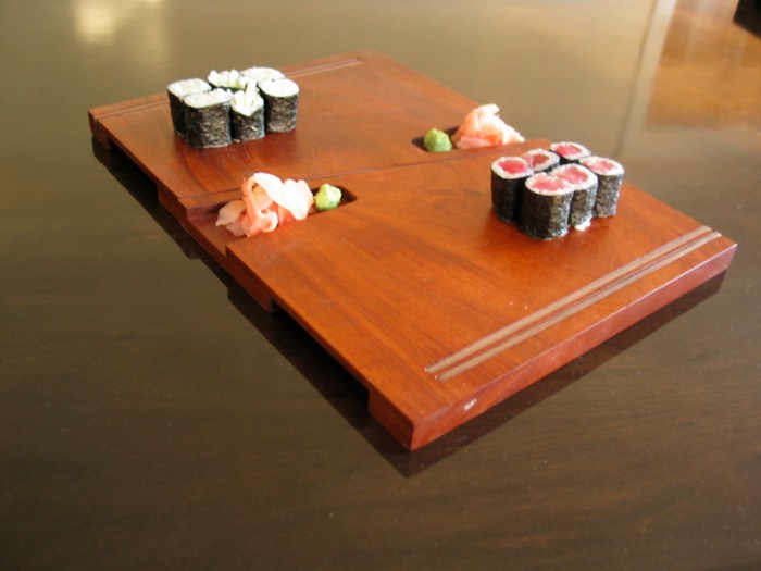 Sushi love Boards With Sushi set of 2 with cut out for garnish and inlay sticks Mahogany 10in W x 22in D (2)