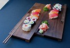 Sushi love Boards With Sushi  Wcut set of 2 with cut out for garnish and inlay sticks Walnut 10in W x 22in D