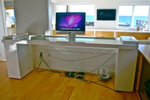 White Desk gloss Italian Laminate with brass wire baked in laminated glass 8ft W x 35in D x 30in H (1)