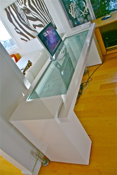 White Desk gloss Italian Laminate with brass wire baked in laminated glass 8ft W x 35in D x 30in H (2)