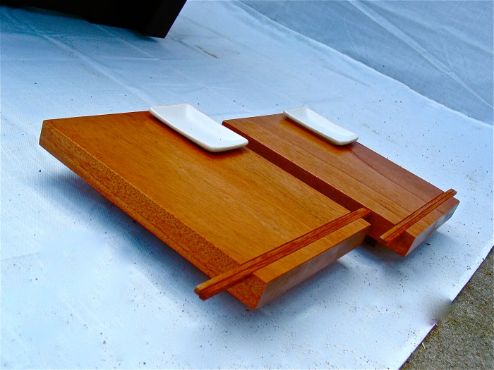 Y Sushi Boards with sashimi dish and inlay sticks Mahogany 10in x 11in (2)