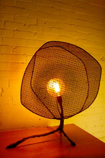 1B old black sphere lace shade with reflecting copper circle 2ft H