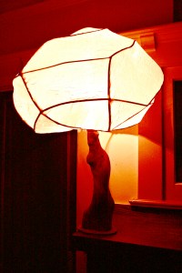 1B set of 2 old white sphere lace shade with fat base 1ft H (2)