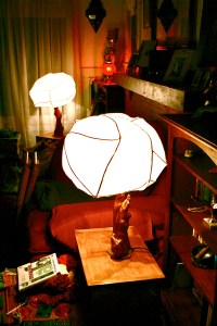 1B set of 2 old white sphere lace shade with fat base 1ft H (3)